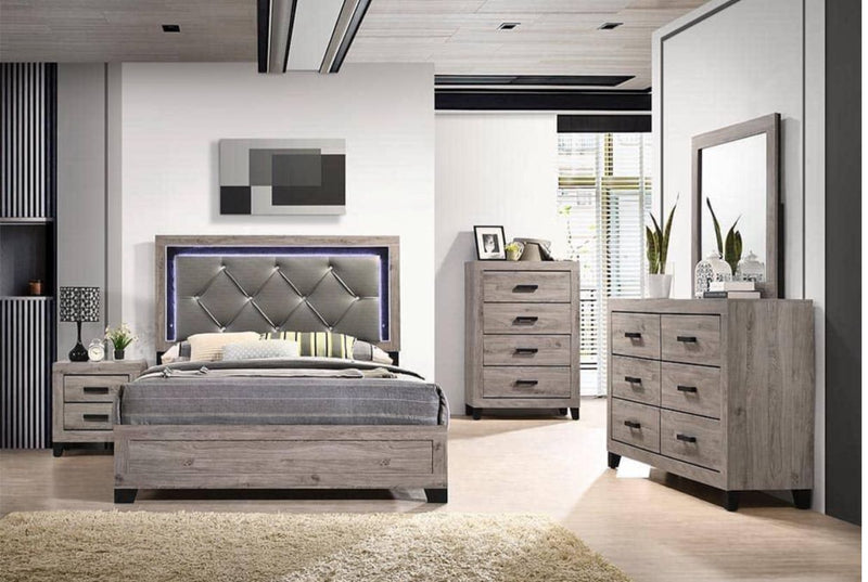 LUMEN 5 PC BEDROOM SET (BED, DRESSER, CHEST, NIGHTSTAND, MIRROR)