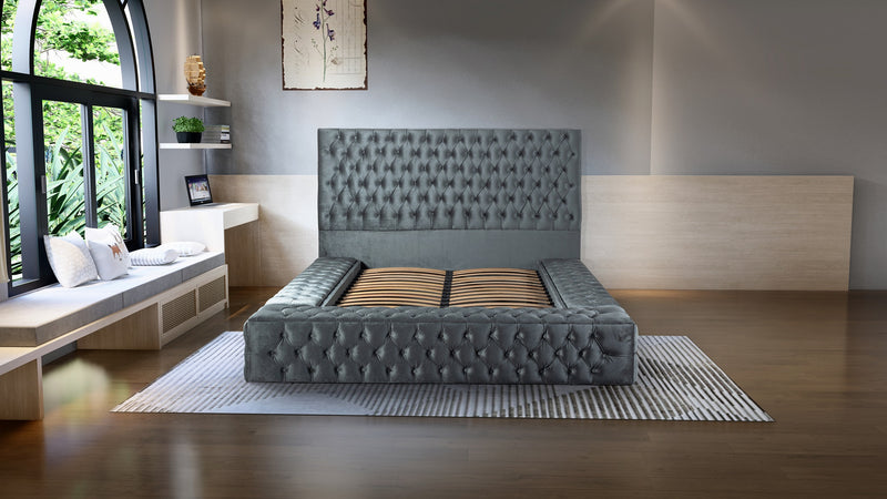 Pandora Velvet Queen Storage Platform Bed- Gray