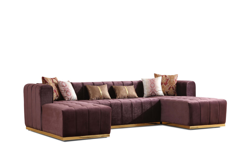 Siesta U Double Chase Sectional Velvet Upholstery- Burgundy