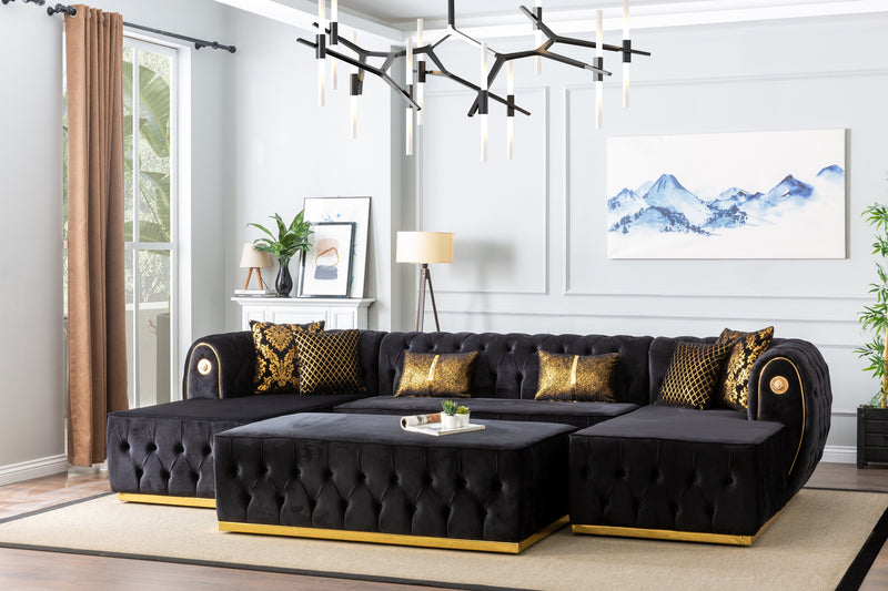 Luna U Double Chase Sectional Velvet Upholstery -  Black**OUT OF STOCK**