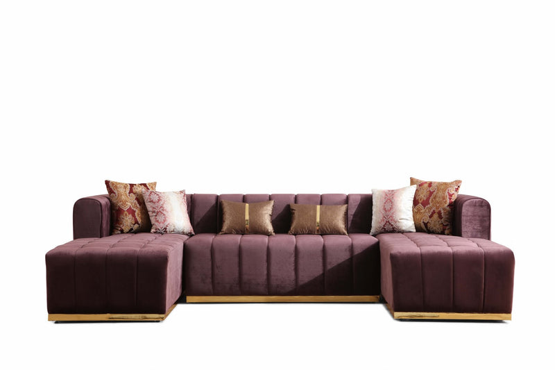 Siesta U Double Chase Sectional Velvet Upholstery- Burgundy