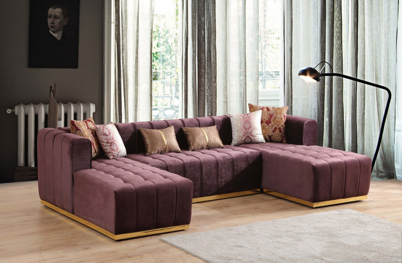 Siesta U Double Chase Sectional Velvet Upholstery- Burgundy