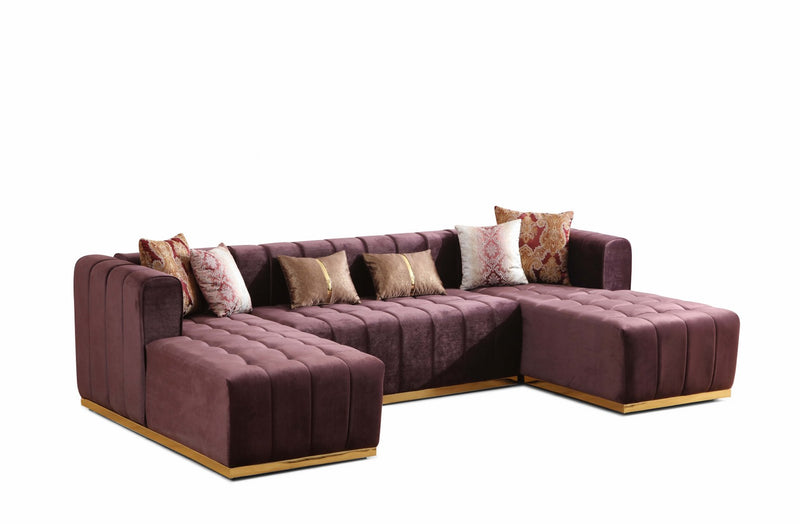 Siesta U Double Chase Sectional Velvet Upholstery- Burgundy